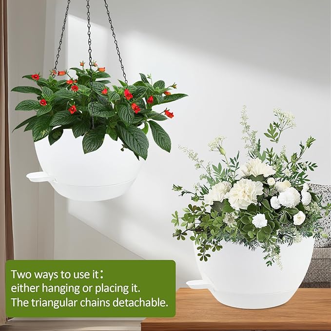 WOUSIWER Self Watering Hanging Planters, 2 Pack 12'' Plastic Pots with Drainage Holes & Reservoir Tray (White) | Indoor & Outdoor Use for Ferns, Ivy, Herbs, Succulents