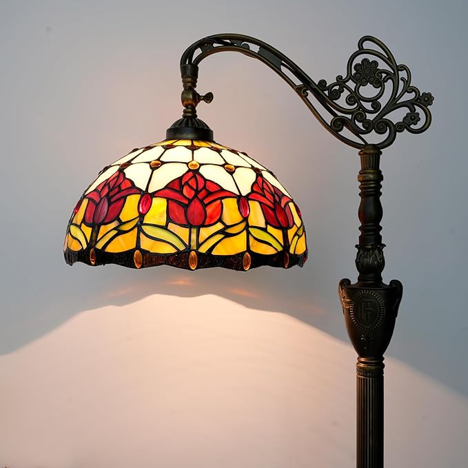 Tiffany Floor Lamp Vintage Standing Lamp Red Tulip Style Stained Glass Floor Light Rustic Corner Gooseneck Floor Lamp with Adjustable Angle for Home Decor Living Room Bedroom 12X12X63 Inches