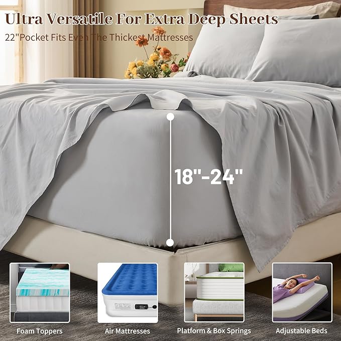 MEISHANG 100% French Pure Linen Sheets Queen Size - Extra Deep Pocket Sheet Set, Soft Durable Flax Linen, Anti-Tear Breathable & Oeko-Tex Certified 18-24 Deep Pocket,All Season(Silver Grey)