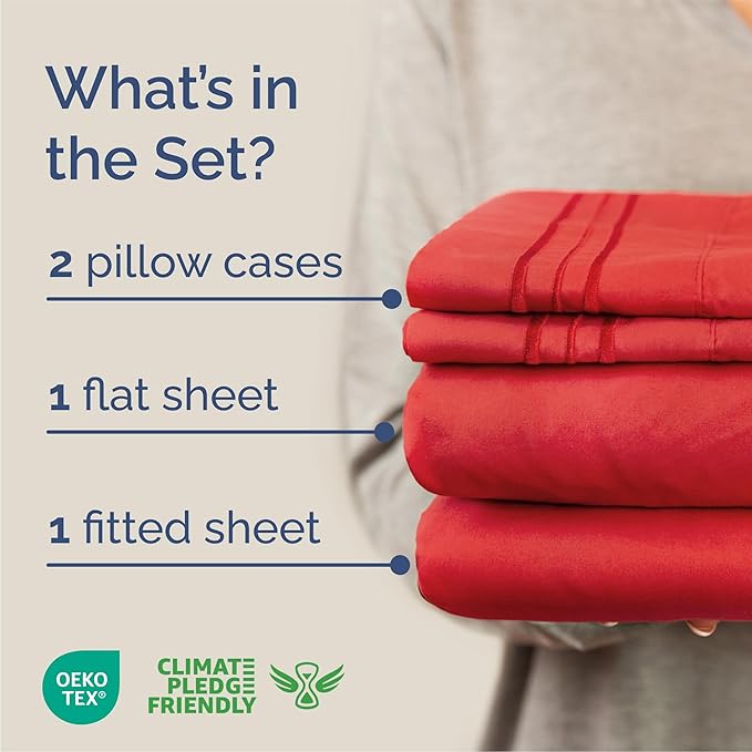 Queen Size 4 Piece Sheet Set - Comfy Breathable & Cooling Bed Sheets Set - Hotel Luxury Bedding for Women, Men, Kids, Teens, Boys & Girls - Deep Pockets, Ultra-Soft and Wrinkle Free - Oeko-Tex - Red
