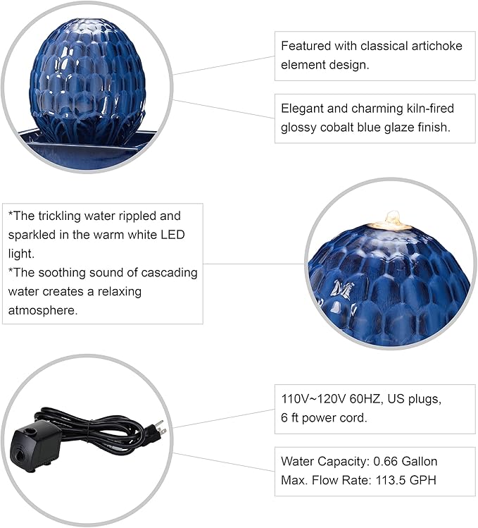 Glitzhome Ceramic Outdoor Water Fountain with LED Light, Oversized Artichoke Pedestal Water Fountains with Submersible Pump, Patio Fountain Waterfall for Garden Patio Deck Porch, Cobalt Blue, 35.75" H