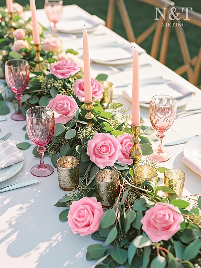 N&T NIETING Artificial Flowers Pink Roses, 50Pcs Fake Flowers Foam Roses with Stems for DIY Wedding Bridesmaid Bridal Bouquets Centerpieces Party Home Decoration Baby Shower