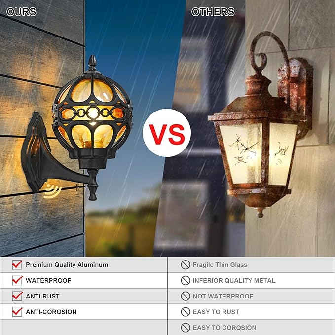 Dusk to Dawn Outdoor Lighting, Black Porch Wall Lights, Black Globe Aluminum Exterior House Lantern Wall Mount with Amber Glass, Anti-Rust Waterproof Outside Light Fixtures for Patio Doorway Garage