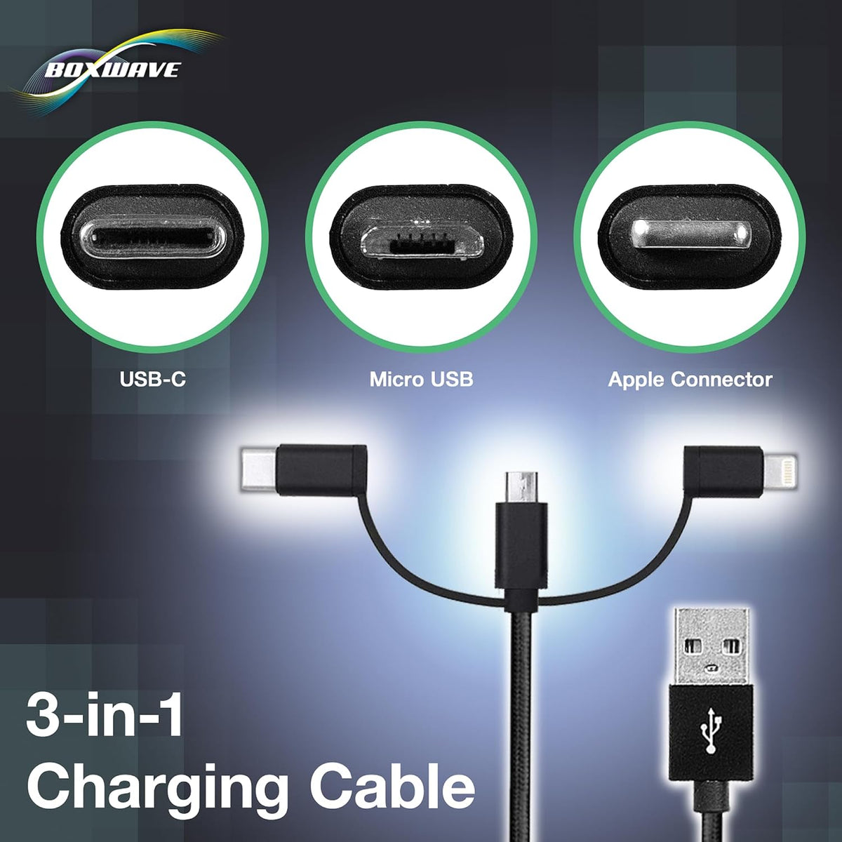 BoxWave Mp3 (1.8 3-in-1 Cable Compatible with Gracioso Player in) - AllCharge Cable - Jet Black