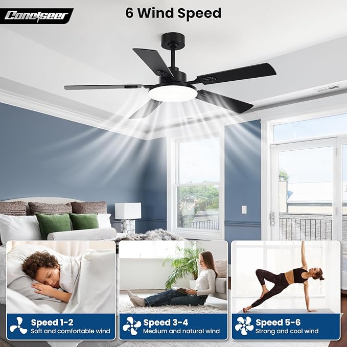52 Inch Ceiling Fans with Lights and Remote for Bedroom Living Room Kitchen Office, Indoor/Outdoor Use, 5CCT Dimmable, 5 Blades 6 Speed Reversible Quiet DC Motor, Black/Wood Grain, 2 Pack