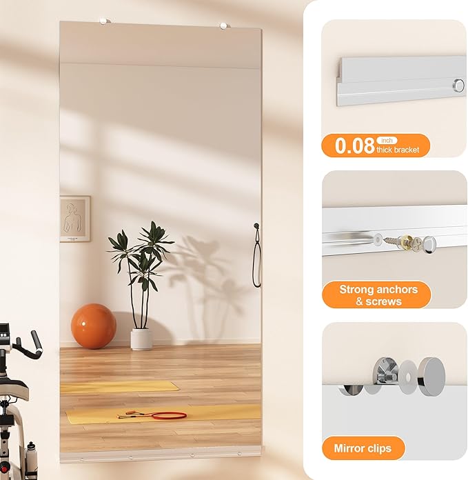 Hasipu Home Gym Mirror, 67"x28" Each, 2-Pack Frameless Wall Mounted Mirrors with Glass Clamps & 1 Aluminum Rail, Large Body Mirror for Home Gym, Yoga Studio, Bedroom, Silver Tempered Glass