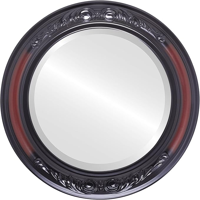 OVALCREST Round Beveled Wall Mirror for Home Decor - Florence Style - Rosewood - 34x34 Outside Dimensions