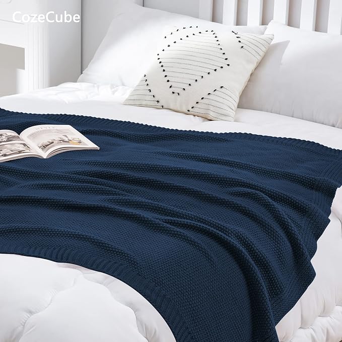 CozeCube Navy Blue Throw Blanket for Couch, Soft Cozy Cable Knit Throw for Bed Sofa Living Room, Lightweight Warm Decorative Farmhouse Christmas Blanket, 60"x80", Navy Blue