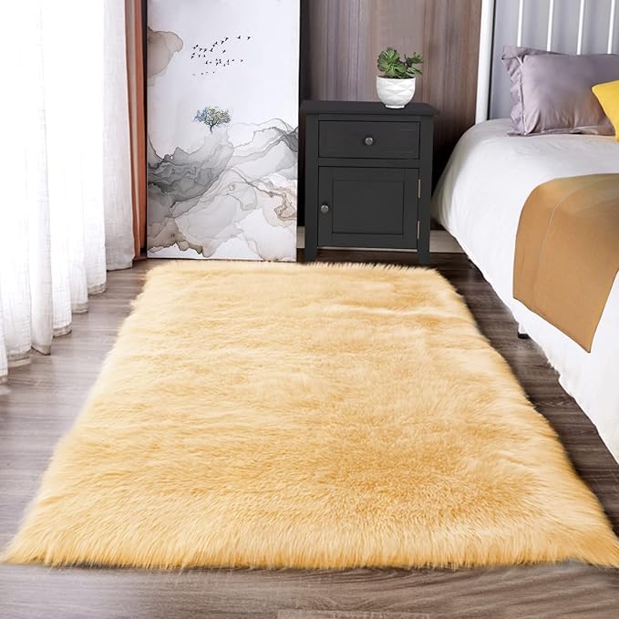 Latepis Yellow Area Rug for Living Room 6x9 Faux Fur Fluffy Rug Washable Sheepskin Rugs for Bedroom Boho Furry Rugs, Rectangle