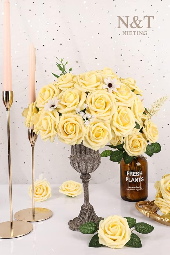 N&T NIETING Artificial Flowers, 25Pcs Fake Flowers Goose Yellow Roses Perfect for DIY Wedding Bouquets Centerpieces Bridal Shower Party Home Flower Arrangement Decorations