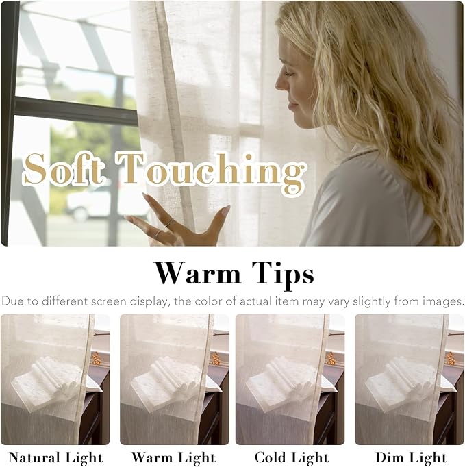 H.VERSAILTEX Natural Linen Sheer Curtains Flax Linen Blended Curtain Panels Living Room, Nickel Grommet Semitransparent Semi-Sheer Soft Privacy Drapes, Natural, 84 inches Long 2 Panels