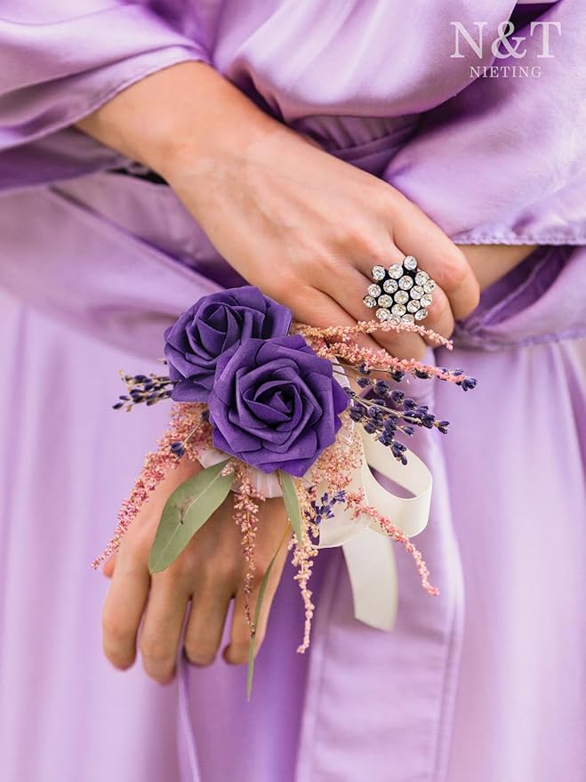 N&T NIETING Artificial Flowers, Fake Flowers Roses Perfect for DIY Wedding Bridal Bouquets Centerpieces Bridal Shower Party Home Flower Arrangement Halloween Flowers Decorations, 25Pcs, Dusty Purple