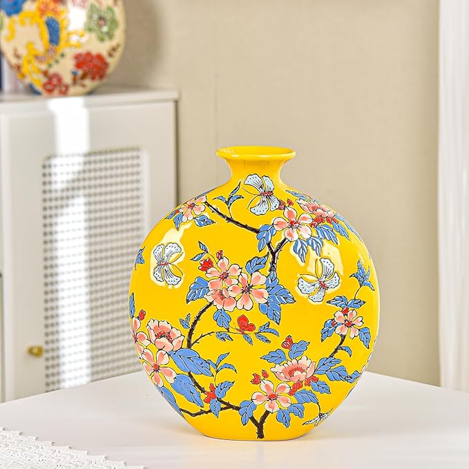 Sungmor High-Class Enamel Painted Porcelain Vase, Traditional Hand-Carved Overglaze Color Ceramic Vase for Fresh Flowers Dried Plants Arrangement, Decorative Vase for Centerpieces, Shelf, Living Room