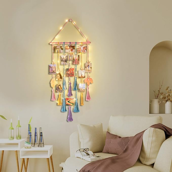 Homecor Room Decor for Teen Girls, Hanging Photo Display Macrame Picture Collage Wall Decor, Boho Decor for Bedroom Apartment Dorm Room with Remote Light, Christmas Birthday Gifts for Teenage Girls