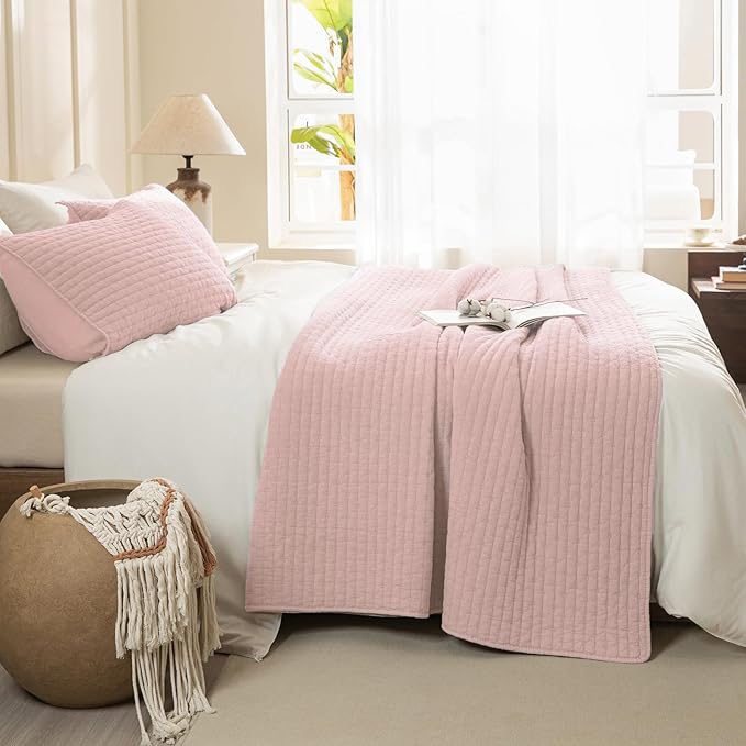 Sanracie Stonewashed Queen Quilt Bedding Set(90"x98"), Cotton Light Pink Crinkle Bedspread Coverlet 3Pcs Ultra Soft Lightweight Breathable Cross Stitch Pattern Bedspread Set for All Season