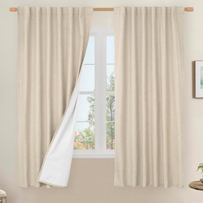 LAMIT 100% Blackout Natural Linen Curtains, 63 Inches Linen Textured Thermal Bedroom Curtains Back Tab and Rod Pocket Neutral Panels with White Liner for Farmhouse, 2 Panels, 52 x 63 Inch