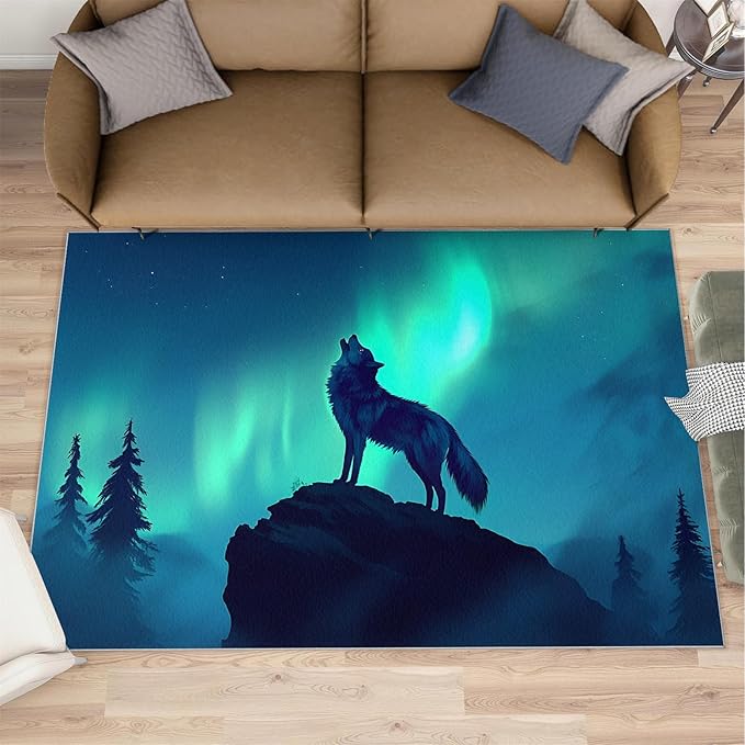 Wolf 5x7 Area Rugs for Living Room -Forest Washable Rug Aurora Non-Slip Carpet Indoor Floor Stain Resistant Thin Carpets for Bedroom Dining Room Home Office