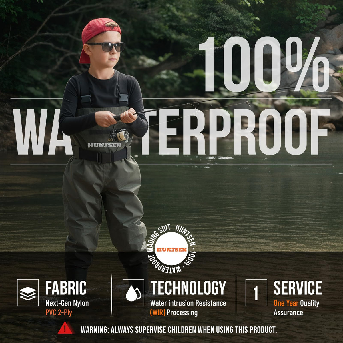 HUNTSEN Chest Waders for Kids with Boots - 2-Ply Nylon Waterproof Insulated Neoprene with Reflect Safety Band - Youth Fishing Waders with Boot Hanger for Toddler Children Hunting Waders for Boys Girls