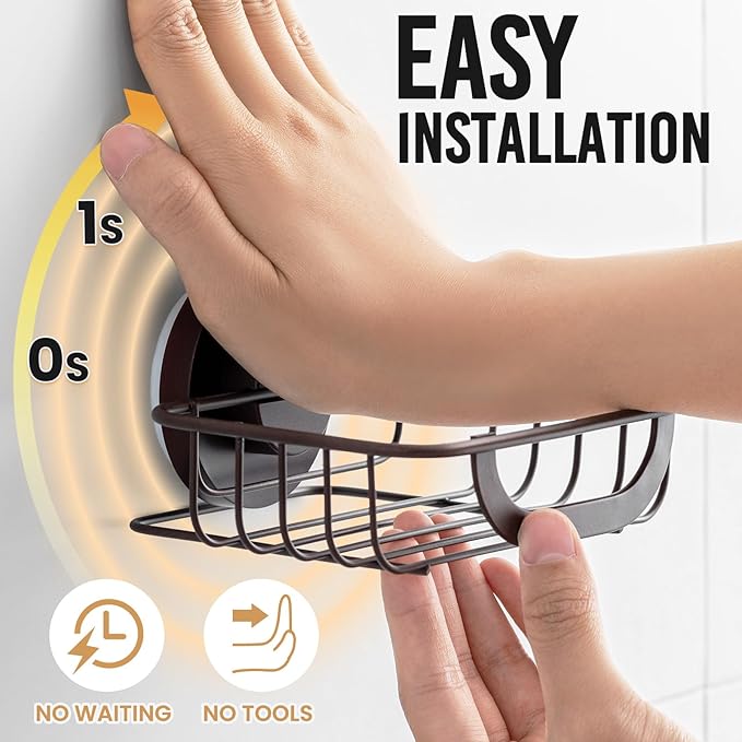 LEVERLOC Soap Holder Dish with Hooks for Shower, Bar Suction Cup Soap Tray Wall Mounted, Rustproof Stainless Steel Sponge Holder Caddy for Bathroom Bathtub Kitchen Sink, Brown