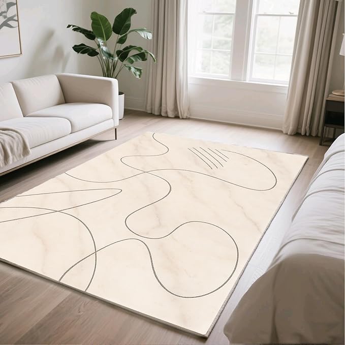 Modern Marble Rug - 6x8 Area Rug, Abstract Line Marble Rugs, Minimalist Geometry Dining Room Rugs, Washable & Non Slip Large Carpet Home Decor