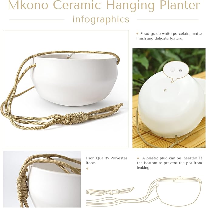 Mkono Ceramic Hanging Planter of Shallow 8 Inch and Deep 6 Inch for Indoor Outdoor Plants, Set of 2 Modern Plant Pot Geometric Porcelain Hanging Basket with Polyester Rope Hanger