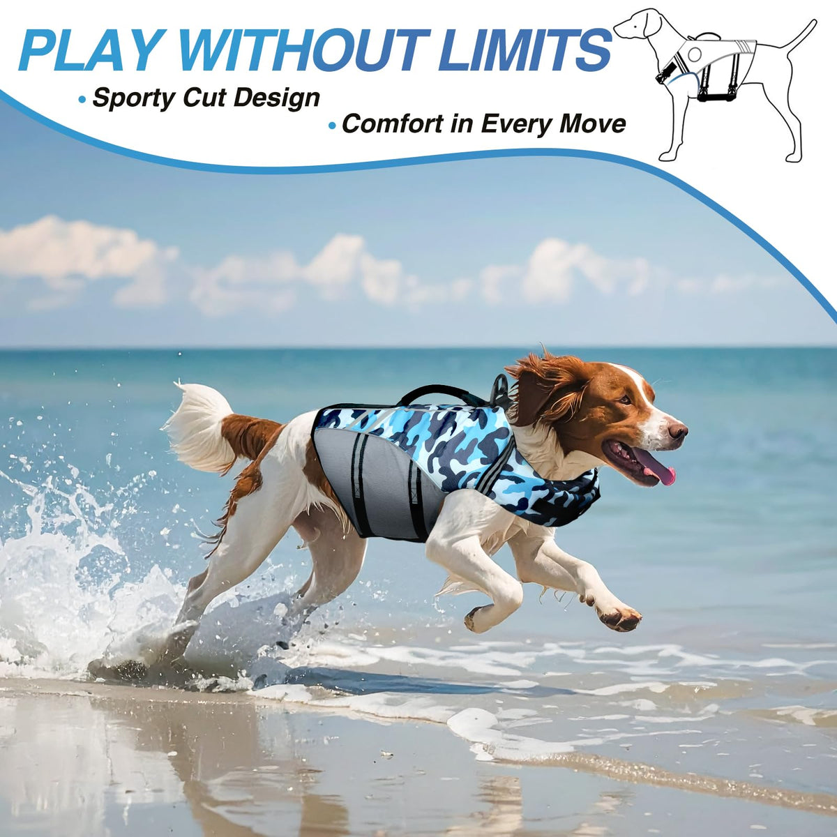 VIVAGLORY Dog Life Vest Sports Style Dog Swim Vest, L, Camo Blue