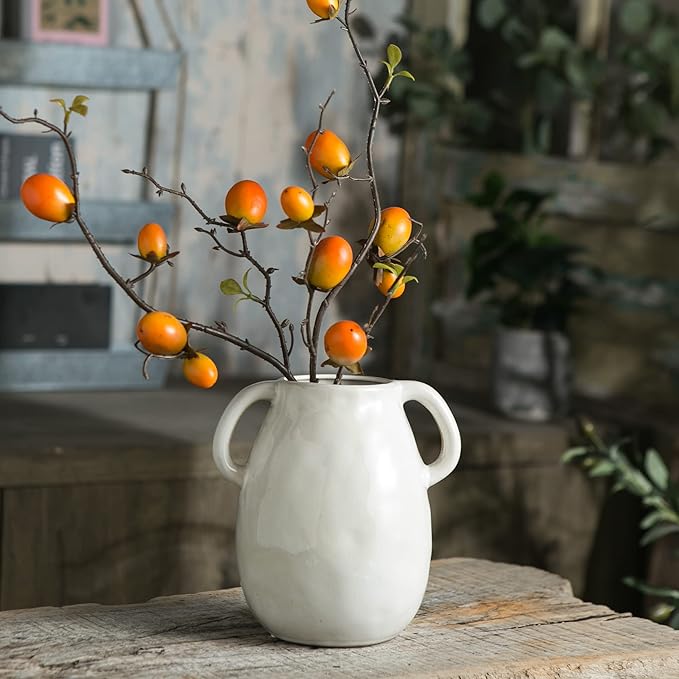 White Ceramic Vase with 2 Handles, Modern Farmhouse Decor, Rustic Terracotta Pottery, Decorative Flower Vases, Clay Small Vase, Centerpiece for Dining Table - 7 Inch Tall