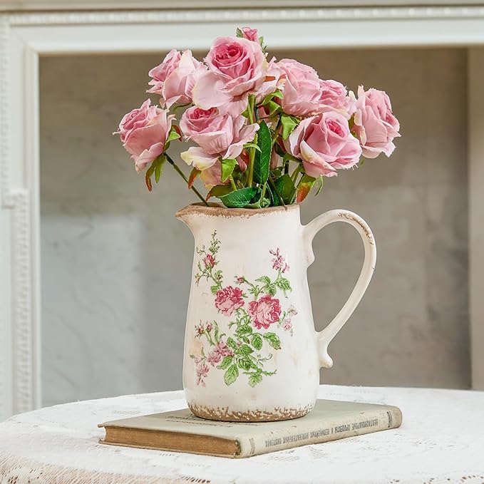 Vintage Rose Flora Ceramic Vase with Handle, Retro Ice Glazed Crack Farmhouse Pitcher Vase for Home Decor, Living Room, Shelf, Office, Rustic Table Centerpiece 7 Inch