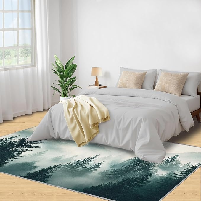 Misty Forest 3x4 Area Rug Natural Landscape Washable Rugs for Living Room Bedroom, Green Woods Soft Low Pile Non Slip Accent Floor Mat Print Throw Rug Indoor Carpet Dining Room Playroom
