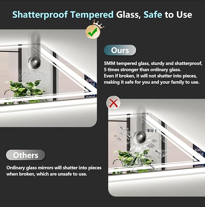 72x40 LED Bathroom Mirror with Lights, Backlit & Front Lit, Anti-Fog Frameless Lighted Vanity Mirrors for Bathroom Wall, Dimmable, 3-Color Light, Memory, Shatter-Proof, Tempered Glass, CRI＞90