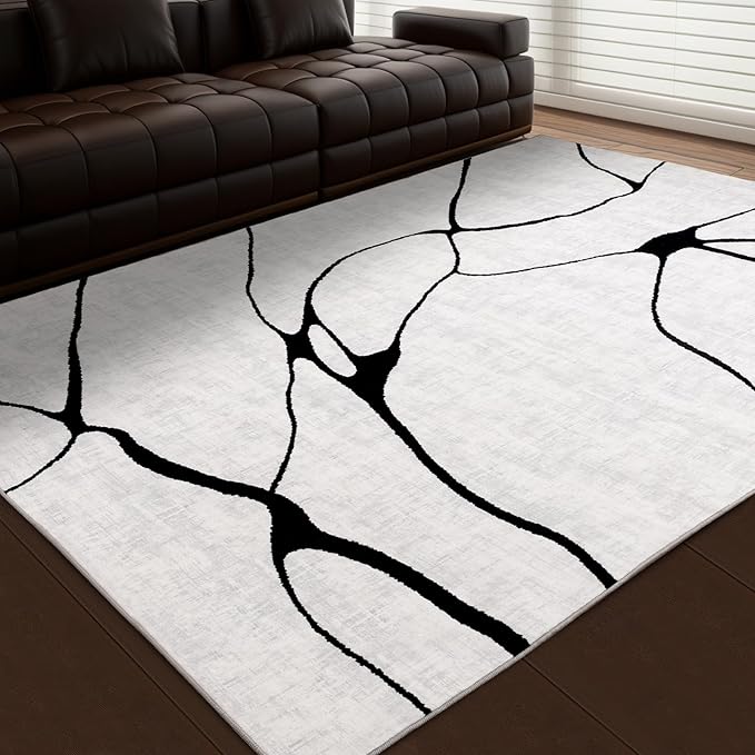 YIHOUSE Abstract 6'x9' Black and White Rug- Washable Area Rug for Living Room Bedroom, Large Modern Non-Slip Ultra-Thin Rug Home Decor,Warping,6x9ft