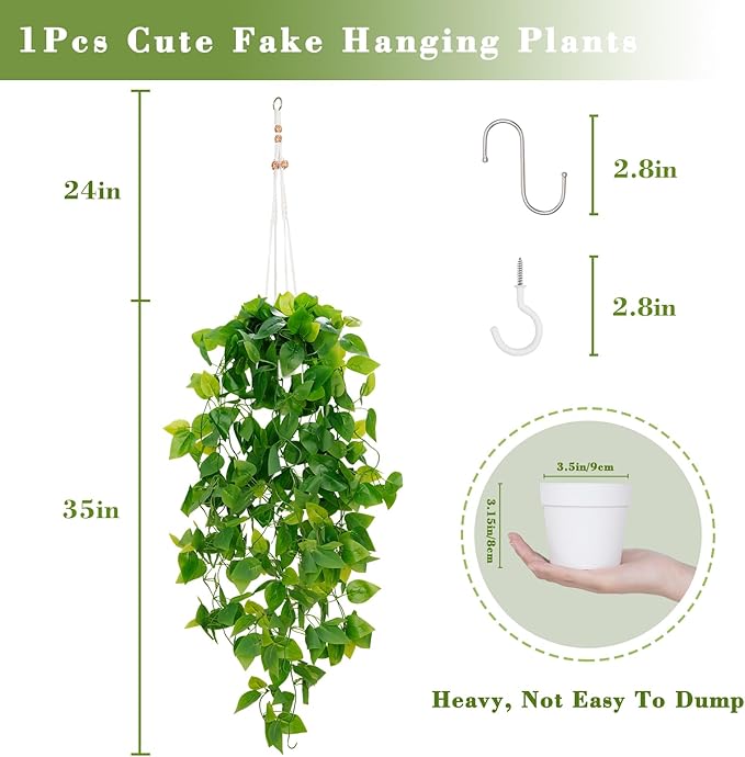 BLEUM CADE 1pcs Fake Hanging Plants Kit with Pot and Plant Hanger, Artificial Pothos Vines Hanging Potted Plant Greenery for Home Living Room Indoor Outdoor Decor