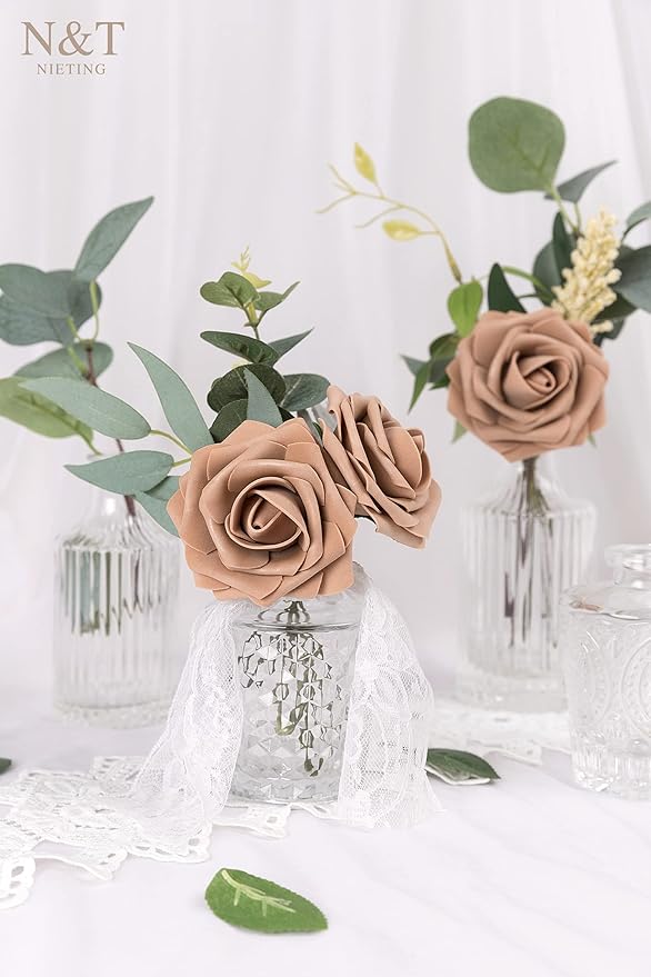 N&T NIETING Brown Roses Artificial Flowers, 25pcs Fake Flowers Bulk Perfect for DIY Fall Wedding Bridesmaid Bridal Bouquets Centerpieces Party Home Flower Arrangement Decoration Light Brown