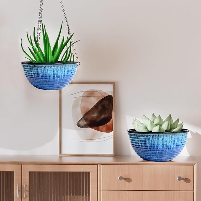10inch Hanging Planters for Indoor and Outdoor Plants, 2 Pack Hanging Planter with Drainage Hole, Round Hanging Flower Pots for Garden Home Decor (Blue Glaze)