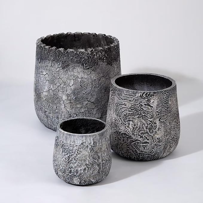 Craft flowerpots 18"+13"+9" Dia Round Concrete Planter Set of 3 Large Outdoor/Indoor Planter Pots Containers with Drainage Holes and Rubber Plug for Home Garden (Dark Gray, Large)