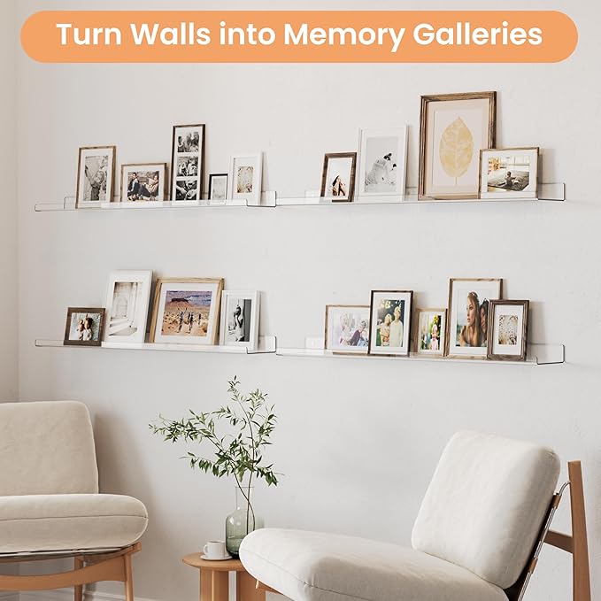 upsimples 2 Pack 35.5x5.5 Inches Acrylic Shelves for Wall Storage, Floating Bookshelves for Kids, Display Shelf Organizer for Bathroom, Bedroom, Living Room, Kitchen, Clear