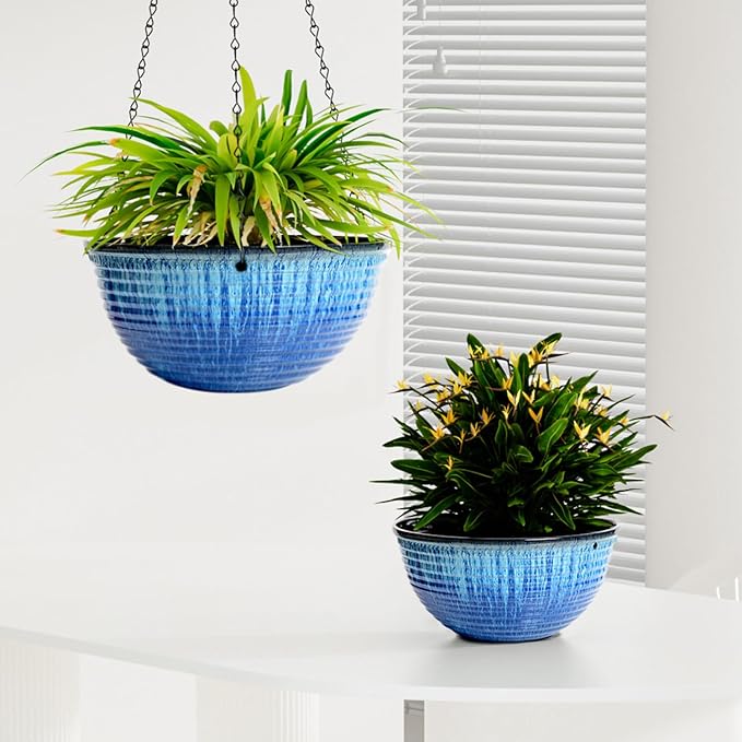 2 Pack Hanging Planters for Indoor Outdoor Plants, 10 Inch Hanging Planter with Drainage Hole & Plug Glazed Hanging Baskets Flower Pots for Garden Home (Blue Flow Glaze)
