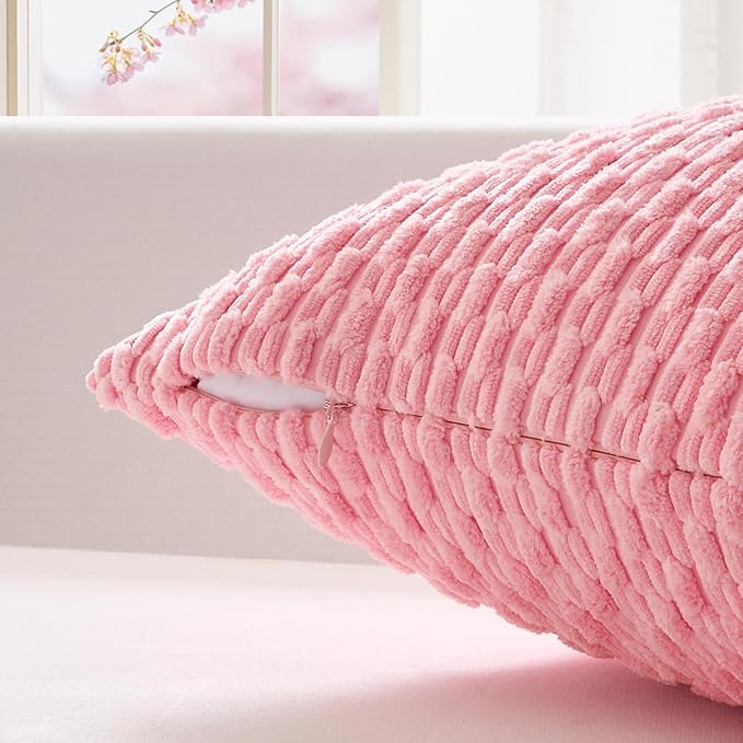 Kevin Textile Valentines Day Decorative Pillow Covers Set of 2 Striped Plush Corduroy Pillows Pillowcases Boho Home Decor Cushion Covers for Couch Sofa Bed Living Room 26x26 Inch, Pink