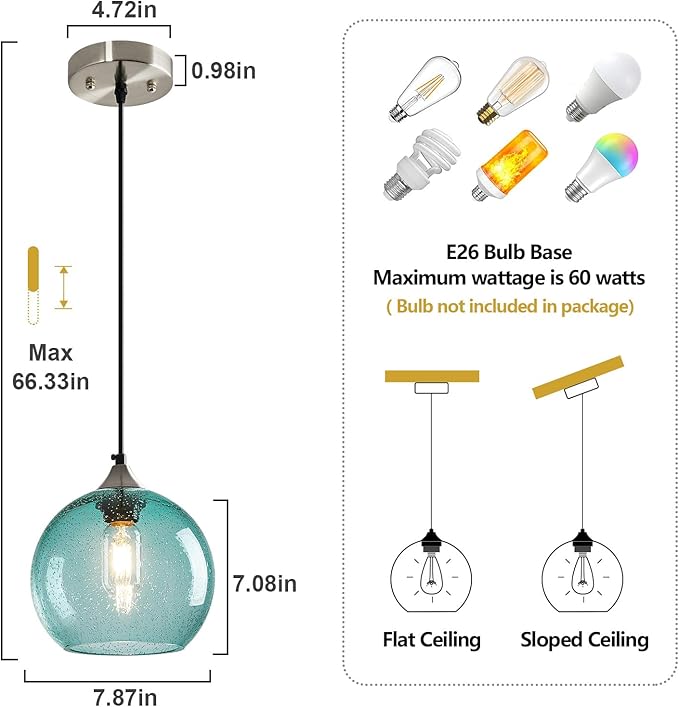 Light Blue Glass Pendant Lights Kitchen Island Lighting Globe Pendant Light Fixtures Modern Pendant Lighting for Bedroom Living Dining Room Light Fixture (7.87 in, 3 Pack)