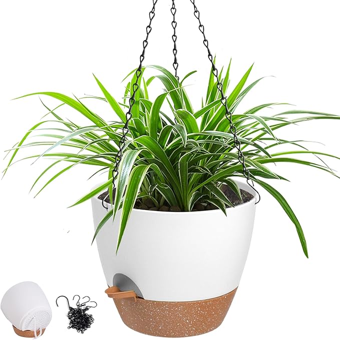 Hanging Planters for Indoor Outdoor Plants, 1 Set Self Watering Hanging Pot with Drainage Holes & Removable Tray (White-12inch, 12'')