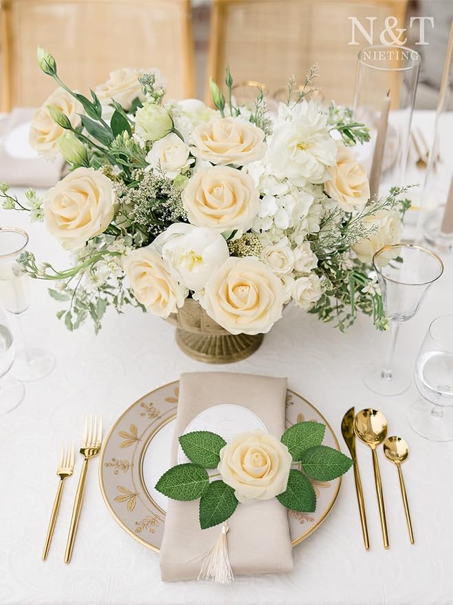 N&T NIETING Roses Artificial Flowers, 50pcs Fake Flowers Foam Roses for DIY Wedding Bridal Bouquet Baby Shower Party Cake Wall Decoration, Cream