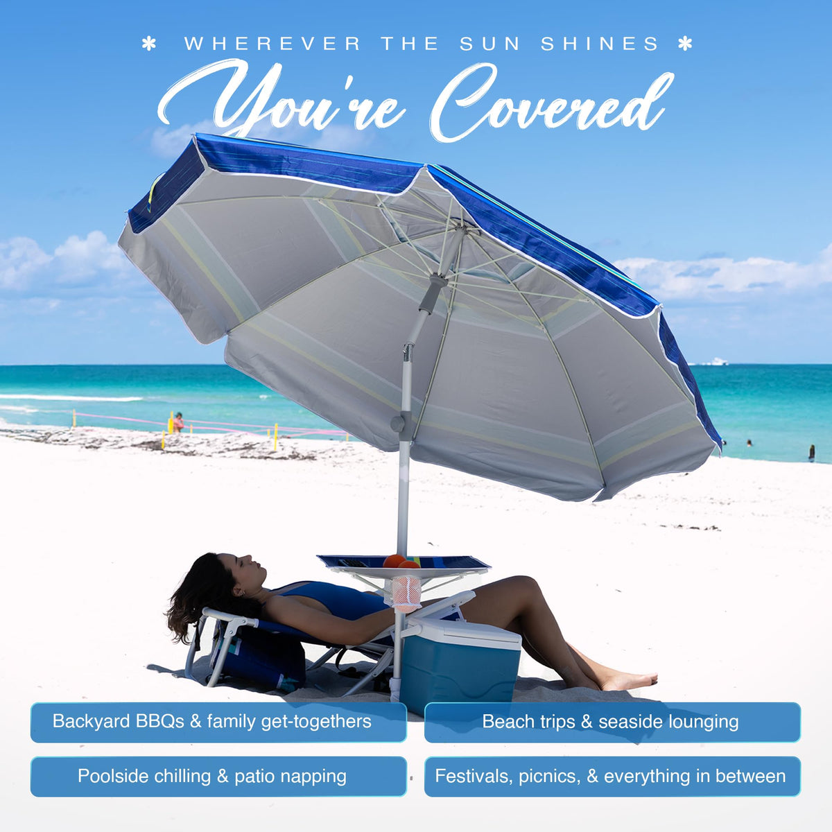 AMMSUN 7ft Heavy Duty High Wind Beach Umbrella with sand anchor, Built-in Table Tray Vent Tilt Pole, UPF 50+ Windproof Portable Outdoor Umbrellas Carry Bag for Patio Garden Pool Backyard stripe