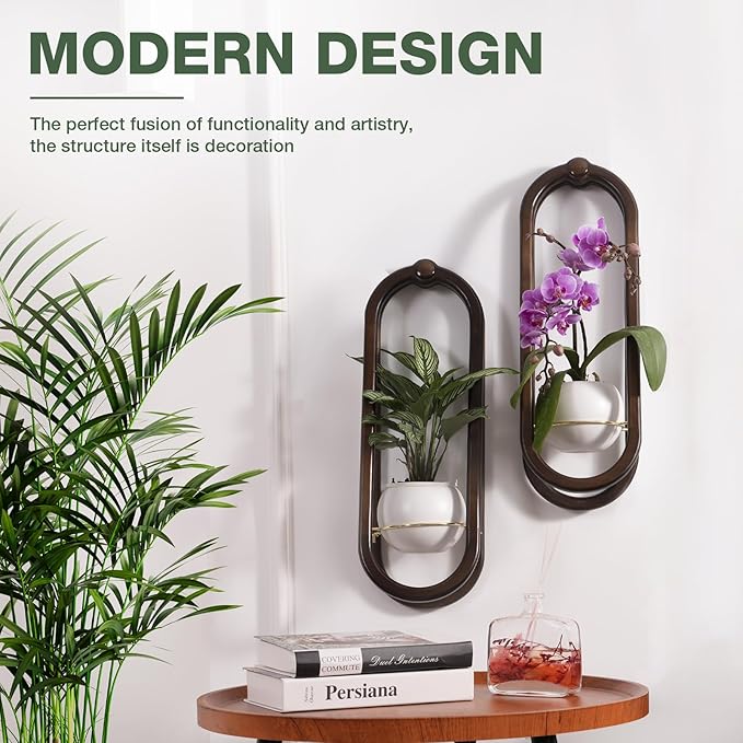 Wooden Wall Planters for Indoor - Modern Hanging Plant Stand Shelf with Ceramic Pot - Walnut Color (Set of 1)
