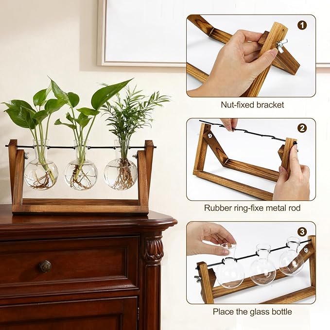 Plant Propagation Stations with Wooden Stand & 3 Glass Bulb Vases - Plant Terrarium for Indoor Plants, Home Office Desk Decor, Gardening Gifts for Women Mom, Birthday Gifts for Plants Lovers