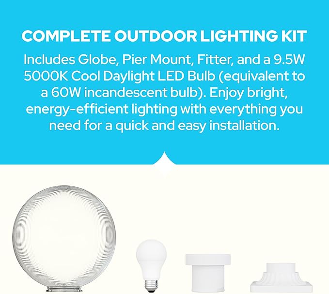 KASTLITE 12" Globe Pier Mount Outdoor Lighting with LED Lamp | UV & Waterproof Pillar & Column Lights | Deck Driveway Yard Patio & Garden Fixture | Made in USA | Prismatic Cover, White Decorated Base
