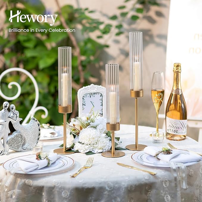 Hewory Gold Hurricane Candle Holders: Brass Candlestick Holders Set of 6 Tall Taper Candle Holders for Candlesticks Candle Sticks Holder Decor for Table Centerpiece Wedding Party Christmas Decorations