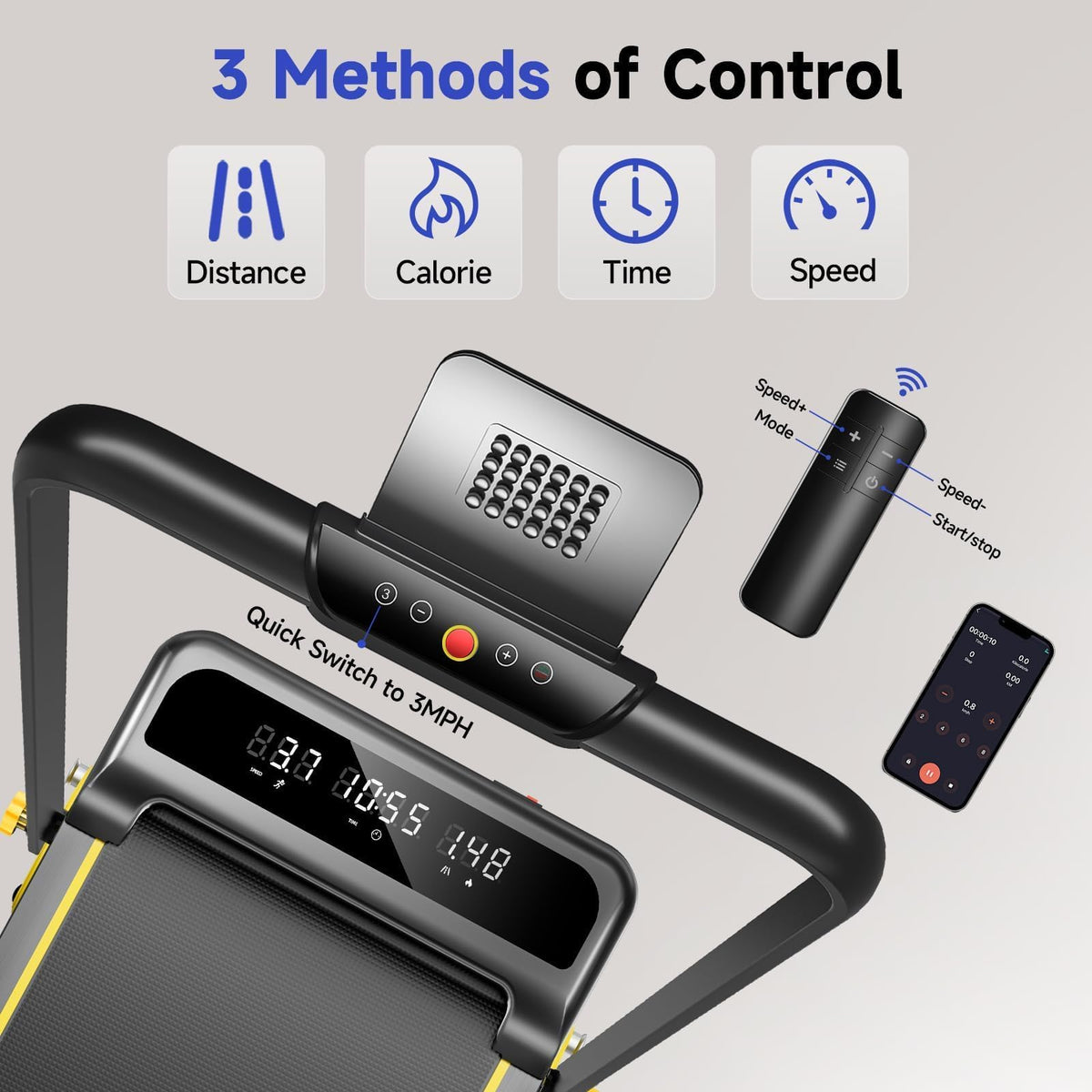 YPOO Foldable Treadmill with Incline, Walking Pad with Handle Bar 3 Level Incline, Portable Folding Treadmills for Home/Office 300 Lbs Capacity, Quiet Desk Treadmill with Remote Control & APP