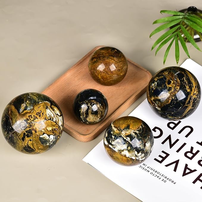JIC Gem Pietersite Crystal Sphere with Wooden Stand, Blues and Golden Browns, 100-110mm