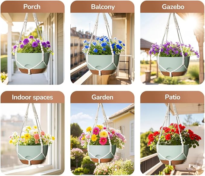 12 Inch Hanging Baskets for Plants Outdoor, Hanging Planters for Indoor Outdoor Plants, Hanging Planter with Self Watering, Hanging Flower Pots (Green Planter with Macrame + Iron Hangers)