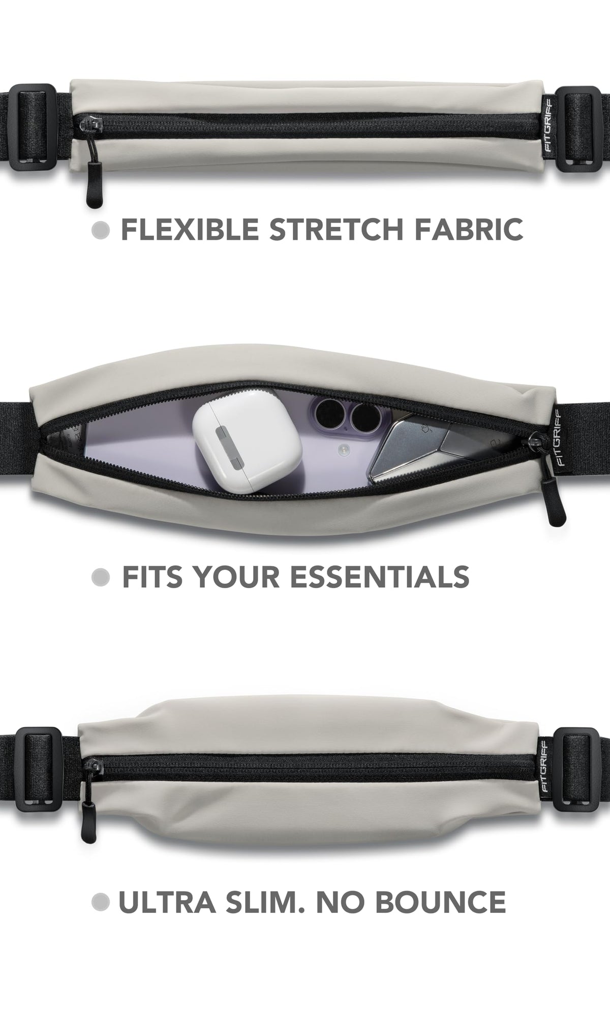 Fitgriff® Running Belt V2 for Men & Women - Slim Fanny Pack, Phone Holder for Jogging, (Fits All Cell Phones) - Money Belt, Runners Waist Pouch (Light Taupe, One Size (Waist 24.4 – 43.3 inches))